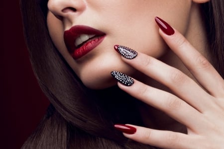 Red - woman, face, girl, lips, red, hand, nails, model