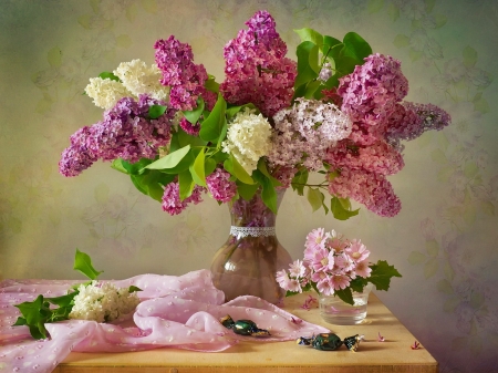 Still life with lilac - pretty, vase, beautiful, fragrance, table, lilac, spring, lovely, still life, bouquet, flowers, scent