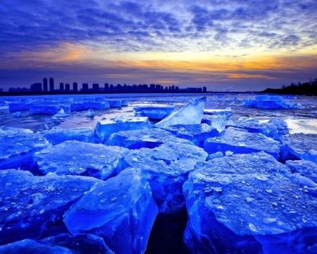 Blue Ice Sunset - ice, nature, sky, clouds, blue, winter, sunset