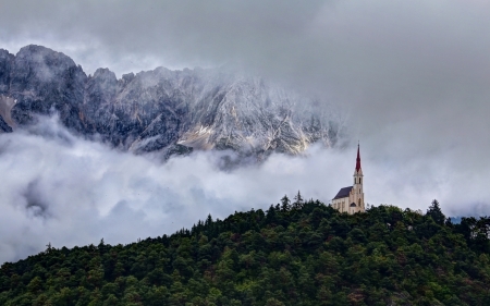 Hidden Church In The Forest - nature, sky, trees, church, mountain, forest, clouds