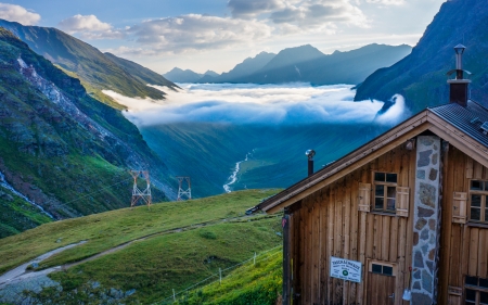 River In The Green Valley - clouds, river, nature, green, mountains, valley, cottage