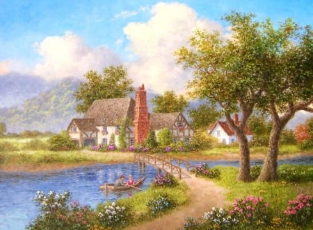 Boating in Paradise - summer, attractions in dreams, paintings, boat, home, flowers, nature, paradise, lakes, love four seasons, houses, walkway