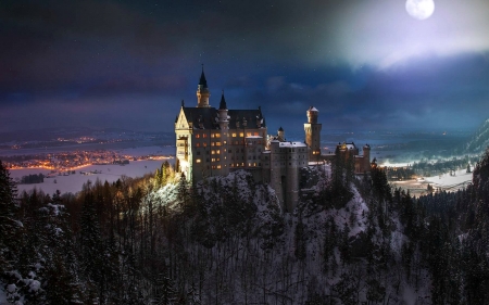 Full Moon Over Neuschwanstein Castle, Germany - nightscape, germany, architecture, full moon, castle