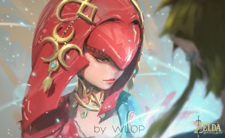 Mipha - wlop, pink, mipha, girl, blue, art, fantasy, luminos, legend of zelda