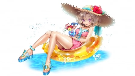 Relaxing - summer, drink, relax, yellow, anime, girl, blue, manga, white, hat, ogino asuki