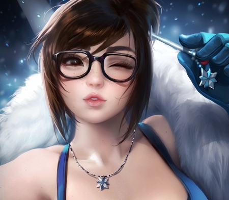 Mei - casual, mei, blue, pendant, portrait, girl, jewel, sakimichan, fantasy, white, glasses, hand, face, luminos