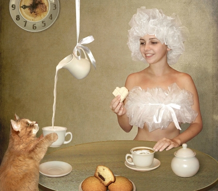 Breakfast - breakfast, girl, creative, cat, fantasy, pisica, funny, woman, cup