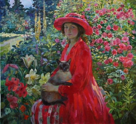 Girl with a cat - summer, red, flower, cat, olga suvorova, girl, art, garden, pisica, pictura, lady, hat, painting, woman