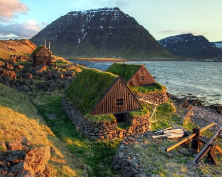 Houses on the Coast,Iceland - nature, houses, mountain, sea, coast