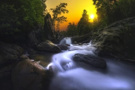 The River Fium Alto at Sunset - trees, river fium alto, cascades, sun, water, waterfalls, sunset, rocks, corsica, france, river, stones