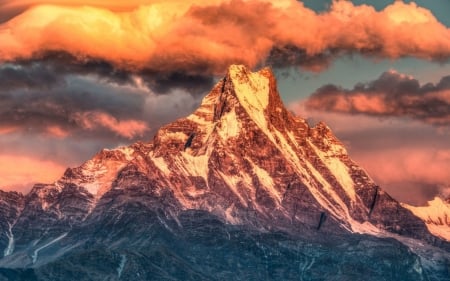 Pink Clouds Above the Mountain Top - clouds, nature, mountain, sky, top