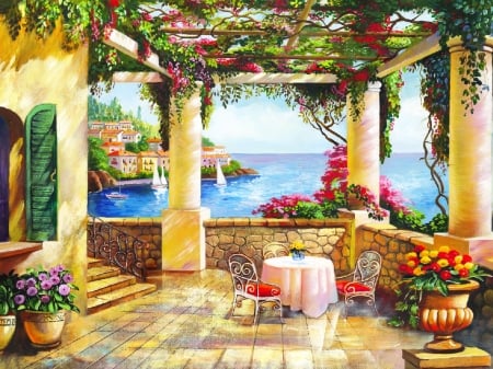 Cafe by the sea - coffee, mediterraneo, picturesque, lovely, coast, arch, view, art, pretty, beautiful, cafe, flowers, sea