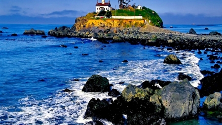 Seashore House - ocean, shore, waves, rocks, nature, clouds, castle, house, cabin, sea