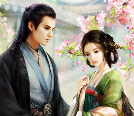 Fantasy couple - blossom, girl, beauty, spring, flower, man, phoenixlu, frumusete, black, prince, green, woman, princess, couple, asian, luminos