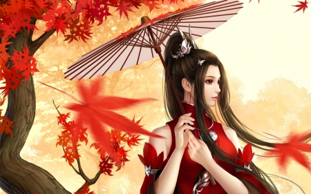 Princess - princess, autumn, parasol, girl, leaf, asian, fantasy, wind, feimo, red, umbrella, luminos, orange