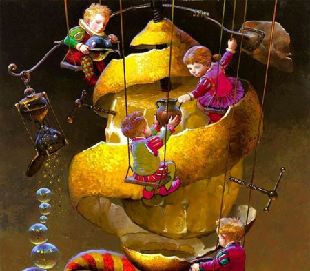 Lemonade - yellow, girl, children, pink, boy, pictura, fantasy, victor nizovtsev, painting, bubbles, fruit, art, luminos, lemon