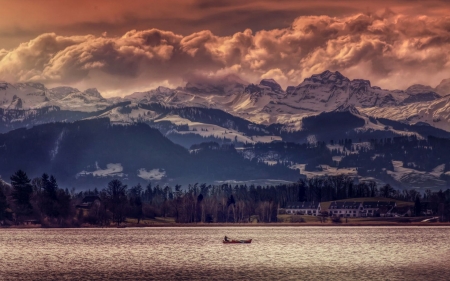 Single Boat on the River at  Sunset - nature, forest, clouds, river, mountains, sunset, boat