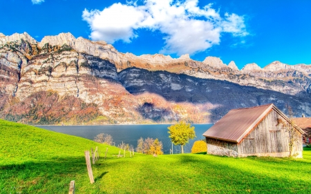 Mountain Cottage by a Lake - clouds, nature, lake, mountain, cottage