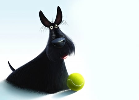 Black puppy - puppy, ball, black, fantasy, creative, caine, white, luminos, dog, animal, green, lemonade illustration agency, terrier