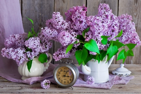 Still life with lilac - pretty, vase, beautiful, fragrance, lilac, clock, lovely, tea time, bouquet, flowers, scent