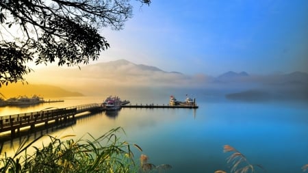 Lake Sunset - nature, ship, lake, pier, trees, sunset, boat