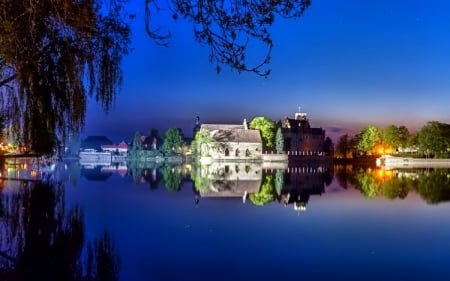 Riverside Catle - river, trees, nature, blue, reflection, castle