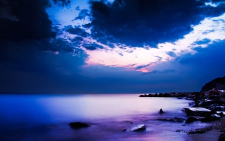 Rocky Beach at Sunset - nature, sky, beach, clouds, sunset, sea, rocks