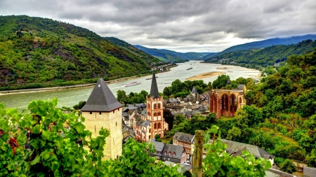 Bacharach Town,Germany - nature, lake, houses, river, ships, city, mountains, skyscrapers