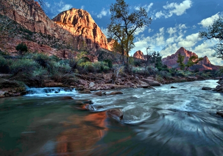 Mountain River - Mountain, River, Tree, Nature