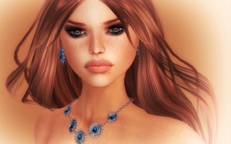 Beauty - woman, rendering, redhead, girl, necklace, jewel, fantasy, face, blue, susanne drechsler, nany