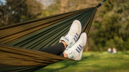 Have a relaxing day! - shoes, legs, green, hammock, sneakers