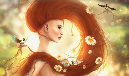 Spring fairy - bird, daisy, girl, spring, flower, orange, fantasy, redhead, woman, rendering, pasare, susanne drechsler