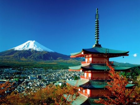 Blue Mount Fuji - nature, mountain, snow, fuji, temple, peak