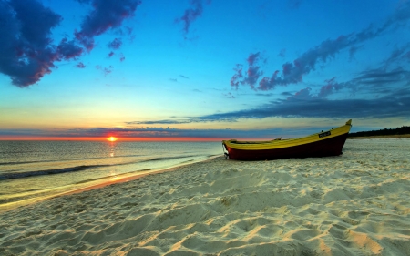 Nice Sunset at Beach - clouds, sunset, nature, beach, boat, sand