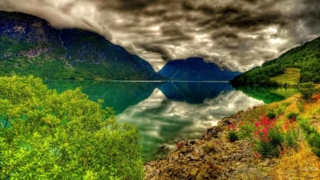 Clear Lake Mountain - mountains, greenery, flowers, lake, peaks, reflection, clouds, lakeshore, trees, nature