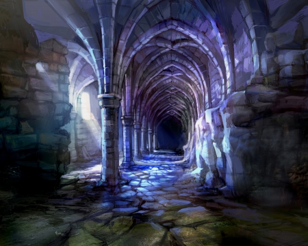 Gothic scene - stones, painting, gothic arches, hallway