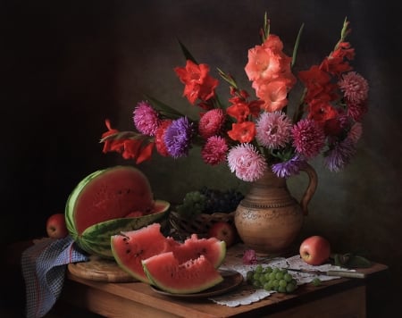 Still Life - colors, flower, watermelon, still life