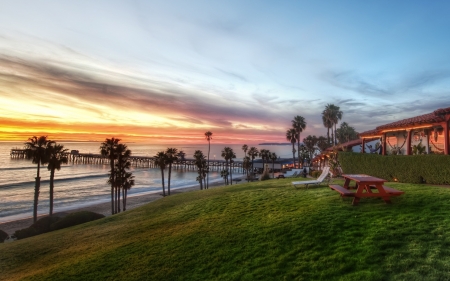 House Near Coast With Sunset - house, trees, sunset, nature, coast, grass