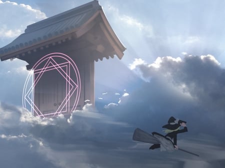 Sealed Gate - clouds, game, gate, girl, cg, witch, fantasy, japan, torii, sky, japanese, seal