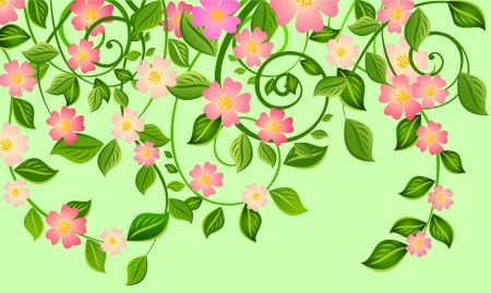 Spring Blossoms - flowers, blossoms, vines, Spring, green, pink, leaves