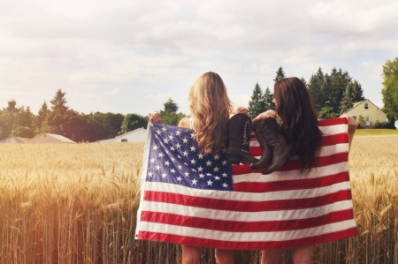 All American Cowgirls - house, trees, boots, blonde, home, American Flag, cowgirls, wheat, field, brunette, flag