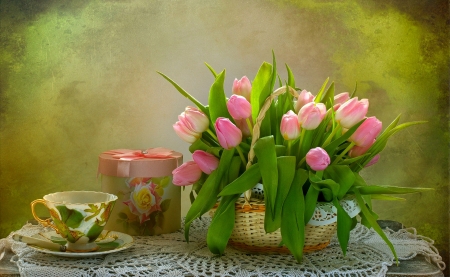 Tea and Tulips - gift, tulips, present, basket, still life, cup, vase, bow, box, pretty, table, doilies, ribbon, flower