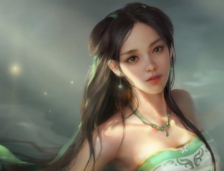 Princess - woman, jianyachi l, princess, girl, frumusete, jewel, fantasy, asian, art, luminos, green, fnatasy