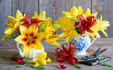 Flowers arrangement - pretty, vase, lilies, beautiful, lovely, still life, bouquet, flowers, colorful, arrangement, floral