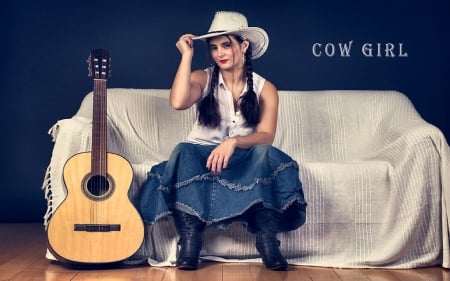 The Couch Pose. . - women, fun, female, boots, hats, fashion, couch, models, brunettes, western, girls, music, guitar, cowgirl, style