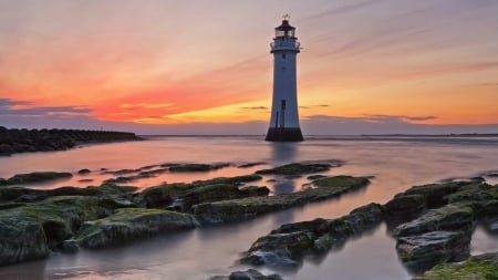 Beach Lighthouse - clouds, sunset, nature, beach, rocks