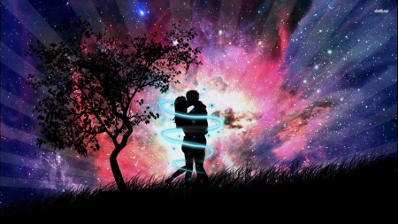 magical kiss - woman, kiss, man, tree, grass