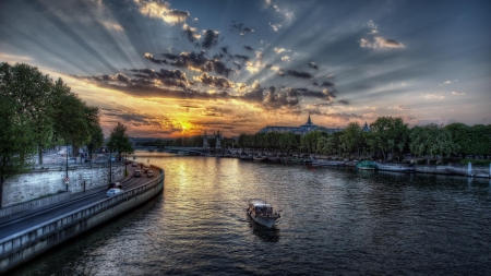 Sunset in Paris,France - rays, sky, trees, paris, sunset, buildings, nature, clouds, boat