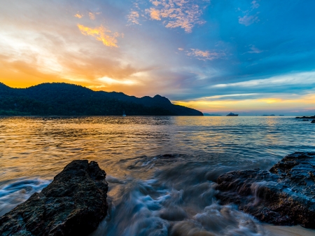 Sunset in Datai Bay,Malaysia - clouds, coastline, beach, ocean, rocky, sunset, nature, sky, bay