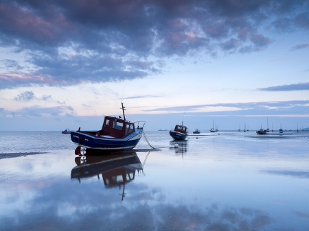 Blue Dawn,Essex, UK - boats, water, nature, light blue, beach, sunrise, ocean